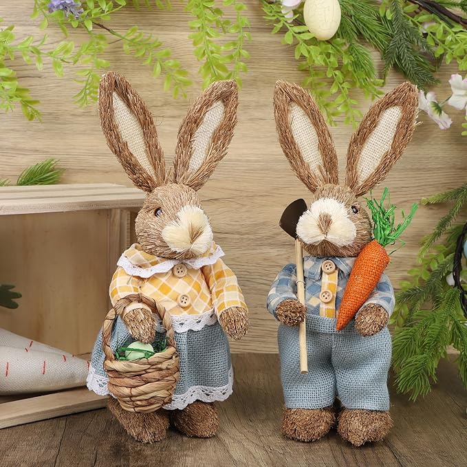 DR.DUDU Set of 2 Easter Decorations 13" Bunny Figurines Tabletop Spring Decor, Rustic Straw Bunny Couple with Carrot, Sisal Rabbit Statues Ornaments for Table Home Office Kitchen Farmhouse