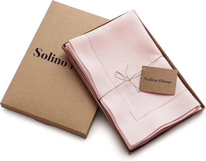 Solino Home Pink Linen Napkins Set of 6-100% Pure Linen Hemstitch Dinner Napkins 20 x 20 Inch - Classic Hemstitch