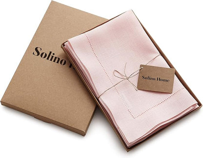 Solino Home Pink Linen Napkins Set of 6-100% Pure Linen Hemstitch Dinner Napkins 20 x 20 Inch - Classic Hemstitch