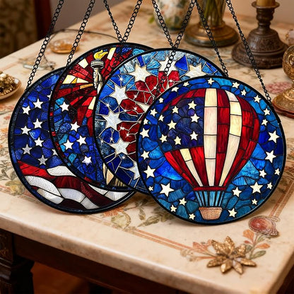 Stained Glass Window Hanging 4 Pcs Set Red Blue Flag Freedom Theme Large 15" - Suncatcher Door Garden Sun Catcher Decor Birthday Christmas for Mom Woman Nana Men Friend