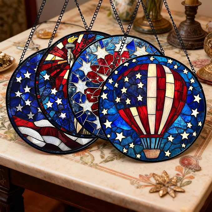 Stained Glass Window Hanging 4 Pcs Set Red Blue Flag Freedom Theme 6.3" - Suncatcher Door Garden Sun Catcher Decor Birthday Christmas for Mom Woman Nana Men Friend
