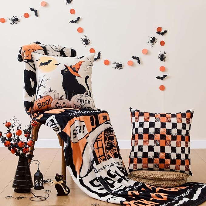 Halloween Ghost Pillow Covers 18x18 Inch,Set of 4 Vintage Halloween Decor Indoor Outdoor Throw Pillow Covers, Trick or Treat Orange Black Linen Cushion Case for Home Sofa Couch Bedroom Chair