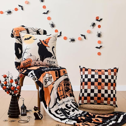 Halloween Ghost Pillow Covers 18x18 Inch,Set of 4 Vintage Halloween Decor Indoor Outdoor Throw Pillow Covers, Trick or Treat Orange Black Linen Cushion Case for Home Sofa Couch Bedroom Chair