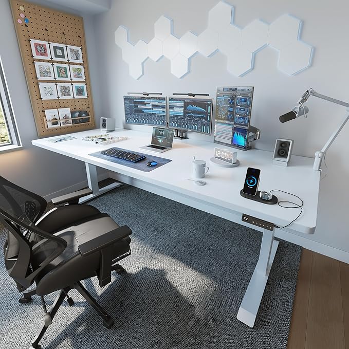 FEZIBO 71 x 37 Inch Standing Desk with Integrated Dual-Beam, Height Adjustable Computer Desk, Sit Stand Desk for Home Office Workstation, 1" Thick Large 3-Piece Desktop White