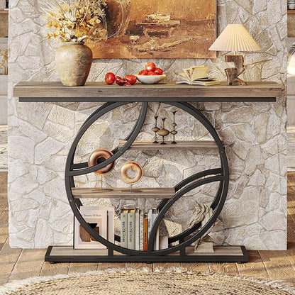 Huuger 47.2 Inch Entryway Table, Industrial Console Sofa Table with Storage, Accent Table with Shelves, for Entry, Hallway, Entrance, Foyer, O-Shaped Metal Frame, Grey