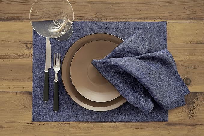 Solino Home Linen Cloth Napkins Set of 4-100% Pure Linen Chambray Navy Dinner Napkins 20 x 20 Inch for Fall, Autumn, Thanksgiving, Christmas, Winter - Athena, Handcrafted and Machine Washable