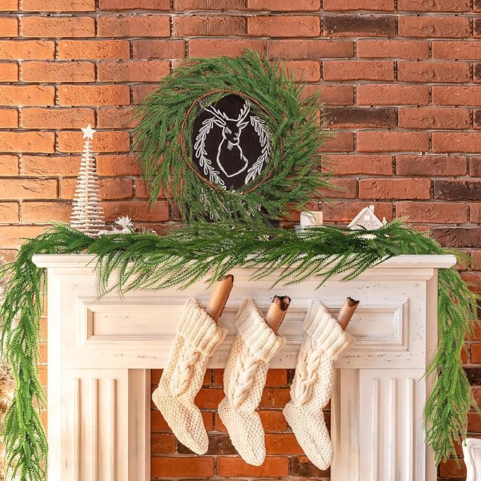 2 Pcs 6Ft Garland Christmas Decorations Norfolk Pine Garland Real Touch Winter Pine Garlands, Green Artificial Faux Greenery Garlands for Table, Mantle, Wall, Outdoor Home Decor Xmas Holiday Seasonal