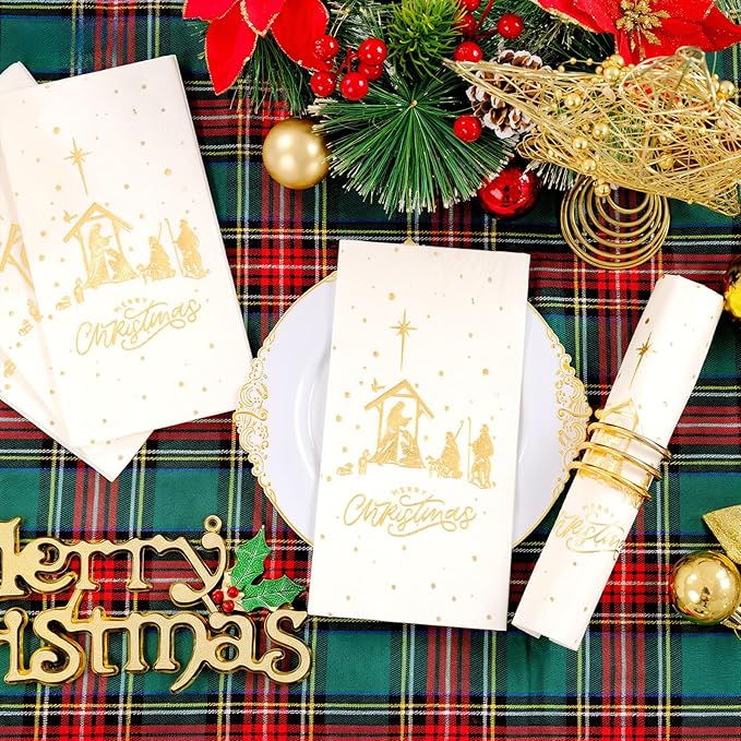50 Pack Christmas Nativity Paper Napkins Scene - The Birth of Jesus Scene Dinner Napkins - Disposable White Gold Paper Napkin Hand Towels for Dinner Holiday Xmas Party Christmas Eve Decor
