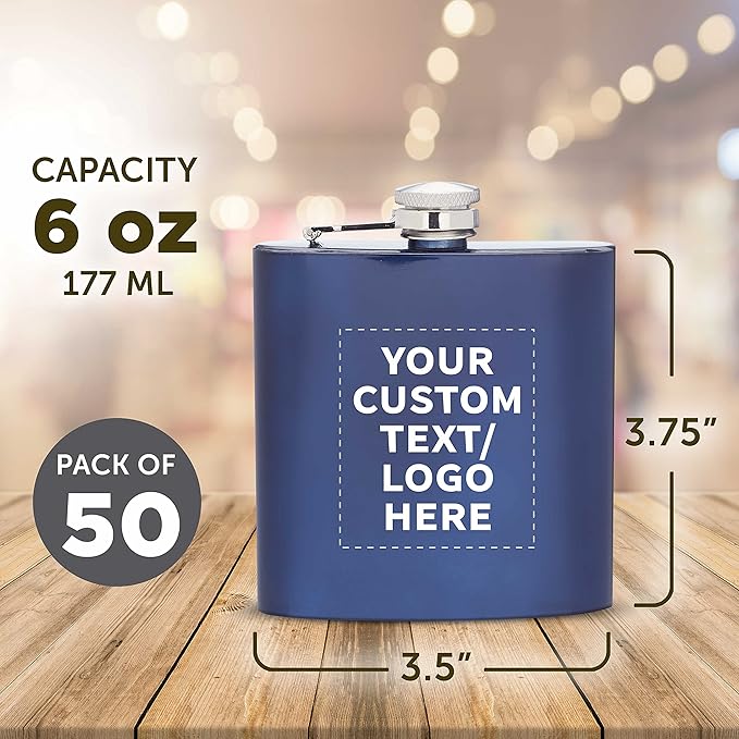 Custom Murano Stainless Steel Hip Flasks 6 oz. Set of 50, Personalized Bulk Pack - Screw on Cap, Great for Wedding Party Gifts, Groomsmen Gifts, Outdoor Activities - Blue
