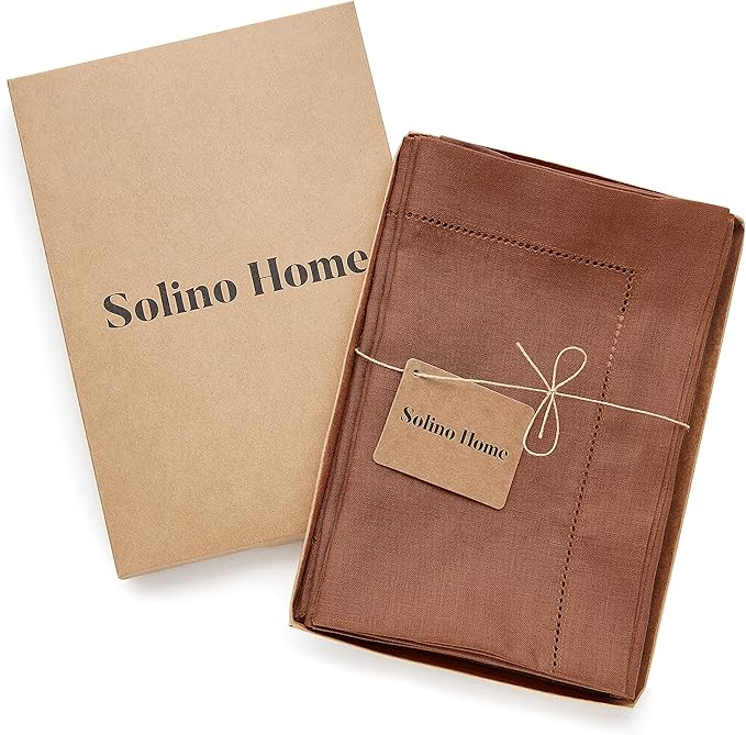 Solino Home Linen Napkins Set of 4 - Classic Hemstitch 100% Pure Linen Cinnamon Dinner Napkins Cloth 20 x 20 Inch for Fall, Autumn, Winter - Handcrafted and Machine Washable