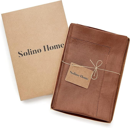 Solino Home Linen Napkins Set of 4 - Classic Hemstitch 100% Pure Linen Cinnamon Dinner Napkins Cloth 20 x 20 Inch for Fall, Autumn, Winter - Handcrafted and Machine Washable