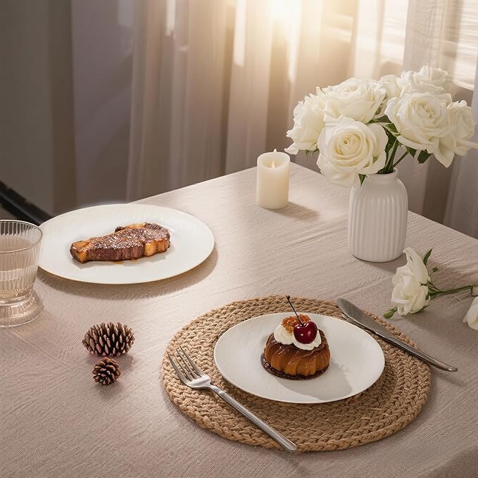 WONDERFUL 32pcs Heavy Duty Plastic Plates Reusable Unbreakable & Dishwasher safe Ivory Plastic Plates Dishes Set Wedding Plate Frosted Design Includes:16 Dinner 10" and 16 Dessert Plate 7.3"