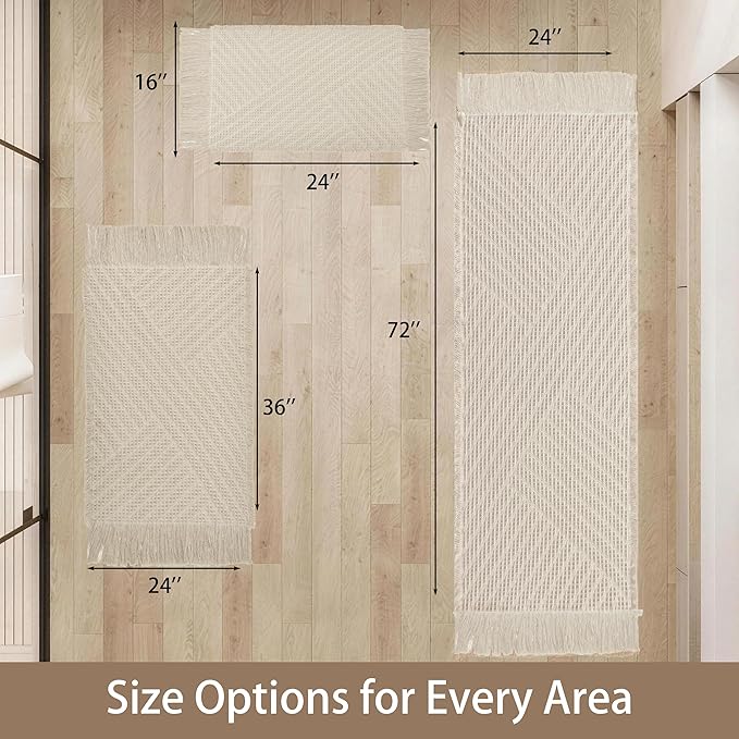 Waffle Bath Mat Non Slip, Boho Bathroom Rug, Super Absorbent Quick Dry Bathroom Mat, Soft Farmhouse Bath Rug with Tassels, Small Washable Shower Mats for Floor 24"x36", Tassels Cream