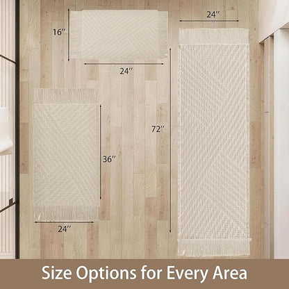 Waffle Bath Mat Non Slip, Boho Bathroom Rug, Super Absorbent Quick Dry Bathroom Mat, Soft Farmhouse Bath Rug with Tassels, Small Washable Shower Mats for Floor 24"x36", Tassels Cream