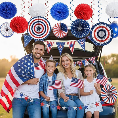 32PCS 4th of July Patriotic Decorations Red White Blue Paper Fans USA Flag Pennant Star Streamer Pom Poms Hanging Swirls For Veterans Labor Presidents Flag Memorial Day Indoor Outdoor Outside
