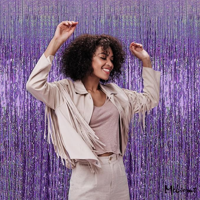 4 Pack 3.2Ft x 8.2Ft Light Purple Fringe Curtain Backdrop, Sparkle Metallic Tinsel Foil Fringe Streamers Background for Photo Booth Birthday Wedding Baby Shower Halloween Christmas Party Decorations