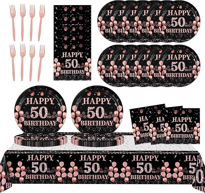 50th Birthday Decorations for Women,61Pcs Rose Gold 50th Birthday Decorations Tableware Include Happy 50th Birthday Plates and Napkins,Tablecloth,Forks,50th Birthday Party Supplies Serve 20