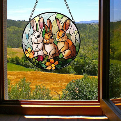 Stained Glass Window Hanging - 3 Cute Rabbits Suncatcher for Doors Garden Patio Bunny Sun Catchers Decor Christmas Mother's Day Birthday Teenager Gifts for Women Men Mom Nana Friend 7.8 in