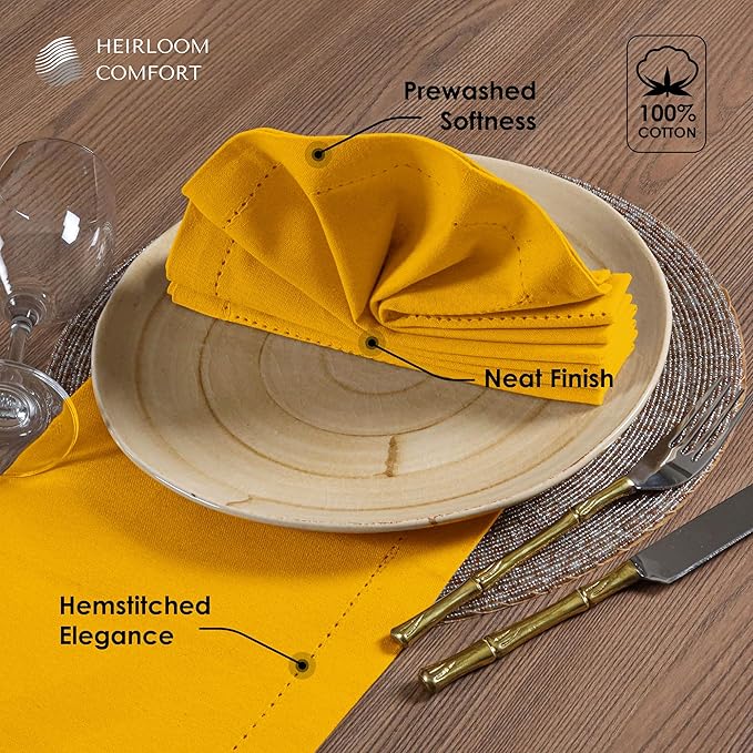 Mustard Yellow Cloth Napkins 18"x18" - Set of 12-100% Cotton, Absorbent, Reusable, Soft, Washable - Hemstitch Mitered Edges - Ideal for Dinner, Everyday, Baby Showers, Events