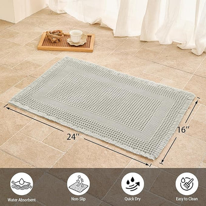 Waffle Bath Mat Non Slip, Boho Bathroom Rug, Super Absorbent Quick Dry Bathroom Mat, Soft Farmhouse Bath Rug with Tassels, Small Washable Shower Mats for Floor 16"x24", Square Light Grey