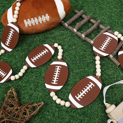 Wood Football Garland Banner Decorations,Football Wood Bead Banner Party Decor,for Wall Fireplace Mantle Home Office Spring Favors Sports Theme Birthday Tailgate Party Game Day Supplies