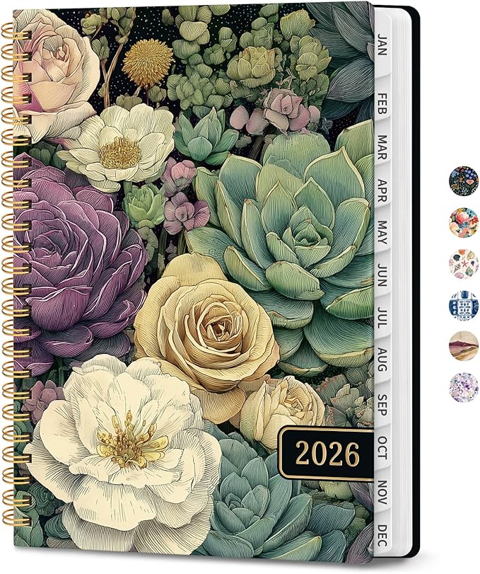 2026 Planner, Weekly and Monthly Planner for Women, Jan 2026 - Dec 2026 Pretty 2026 Calendar Planner with Monthly Tabs, Inner Pocket, Spiral Binding, Perfect for Office Home School - 6.3" x 8.5", Succulent