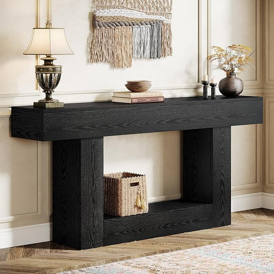 Tribesigns 63" Console Table, Farmhouse 2-Tier Entryway Table with U-Shaped Base, Narrow Long Wood Sofa Table Behind Couch Table for Living Room, Hallway, Foyer, Black