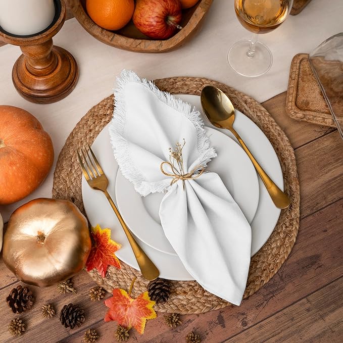 Blue Needles Handmade Cotton Linen Cloth Napkins with Fringes - Set of 6 Ivory Dinner Table Napkins 18x18 Inch Hemmed Edges Washable, Soft, Reusable, Perfect for Fall Thanksgiving & Family Dinner