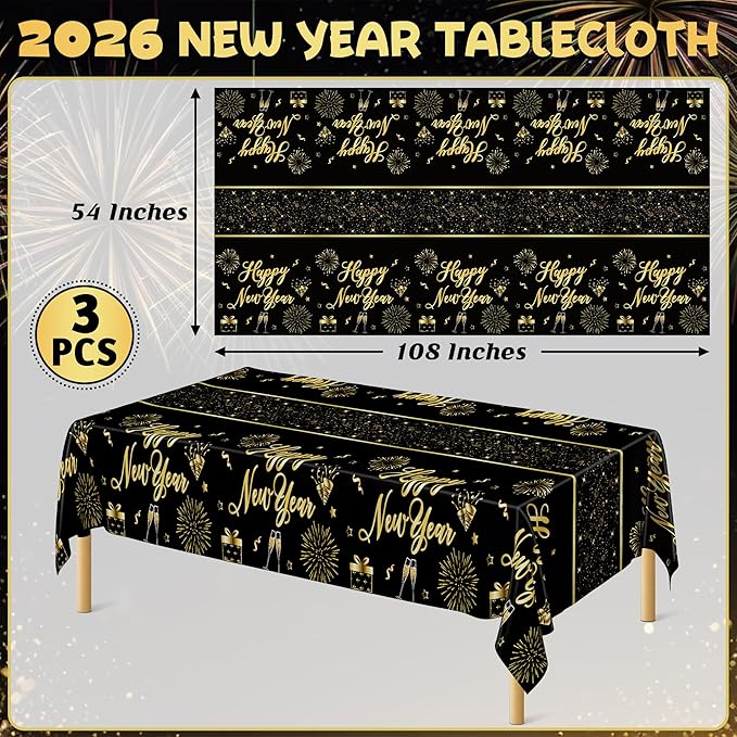3 Pcs New Years Tablecloth, 108 x 54 Inches Disposable Plastic NYE Table Cover 2026, Rectangle New Years Eve Tablecloth with Black Gold Firework Design, Waterproof Table Cover for Nye Party Supplies