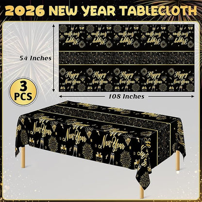 3 Pcs New Years Tablecloth, 108 x 54 Inches Disposable Plastic NYE Table Cover 2026, Rectangle New Years Eve Tablecloth with Black Gold Firework Design, Waterproof Table Cover for Nye Party Supplies
