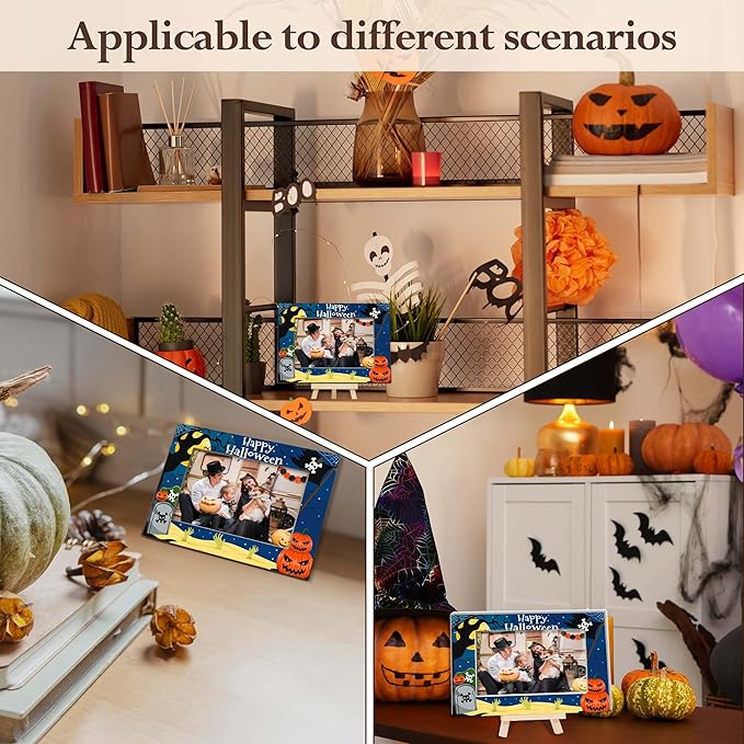 Halloween Picture Frame, 4×6 Pumpkin Wooden Photo Frame for Home Decor Tabletop Display, Spooky Sea Gifts for Family Friends - A04