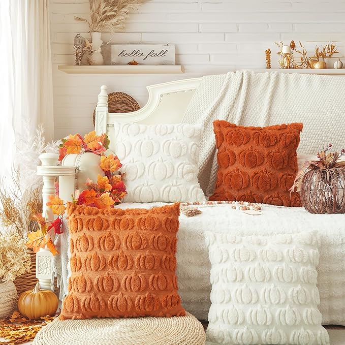 GEEORY Fall Pumpkin Throw Pillow Covers 16x16 Inch Set of 2, Autumn Soft Plush Faux Fur Wool Decorative Farmhouse Holiday Cushion Case for Home Decoration (Beige) GC002-16