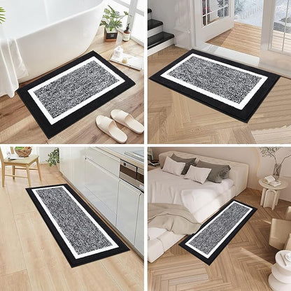 Pauwer Bathroom Rug Mat Set 3 Piece, Microfiber Shaggy Bath Set, Non-Slip Ultra Soft Carpet Mats, Absorbent with U-Shaped Toilet for Bathroom, Tub, Shower, Black