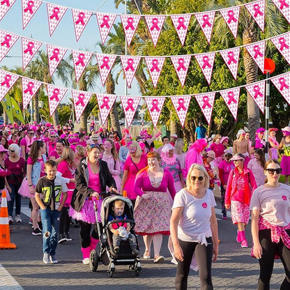 100 FT Breast Cancer Awareness Decorations, 3 Pack Pre-assemble Pink Ribbon Pennant Banner Flags, 60 PCS Plastic Pennants Flags Indoor Outdoor Party Supplies Home Office Ceiling Wall Hanging Decor