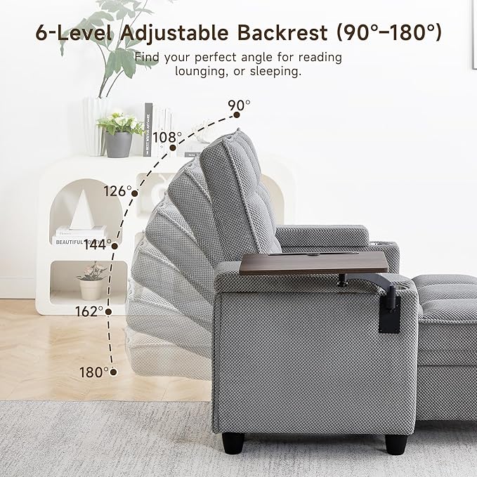 41.7" Oversized Chaise Lounge Chair Indoor, Boucle Upholstered Sofa Bed with Adjustable Backrest, Deep Seat Reading Chair, Sofas Couches for Living Room, Storage, Cup Holders & 360° Swivel Side Table