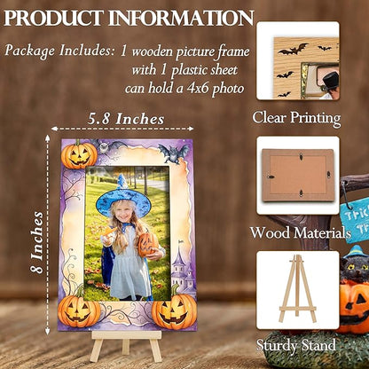 Halloween Picture Frame, 4×6 Pumpkin Wooden Photo Frame for Home Decor Tabletop Display, Vintage Castle Gifts for Family Friends - A01