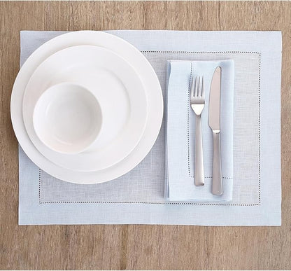 Solino Home Light Blue Linen Napkins Set of 6-100% Pure Linen Hemstitch Dinner Napkins 20 x 20 Inch for Christmas, Winter, New Year - Classic Hemstitch