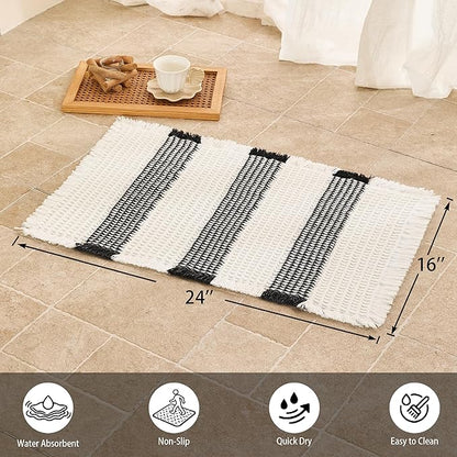 Waffle Bath Mat Non Slip, Boho Bathroom Rug, Super Absorbent Quick Dry Bathroom Mat, Soft Farmhouse Bath Rug with Tassels, Small Washable Shower Mats for Floor 16"x24", White and Black