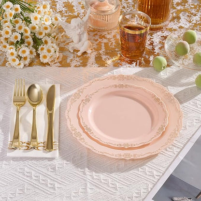 175 PCS Pink Disposable Plates, Elegant Dinnerware Set for 25 Guests, 50 Plastic Plates, 75 Silverware, 25 Cups & 25 Paper Napkins, Pink