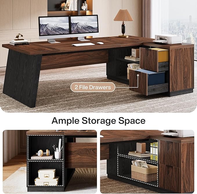 Tribesigns 78" L Shaped Executive Desk, Large Office Desk with Drawers and Storage Shelves, Modern Corner Computer Table Business Furniture for Home Office (Walnut & Brown)