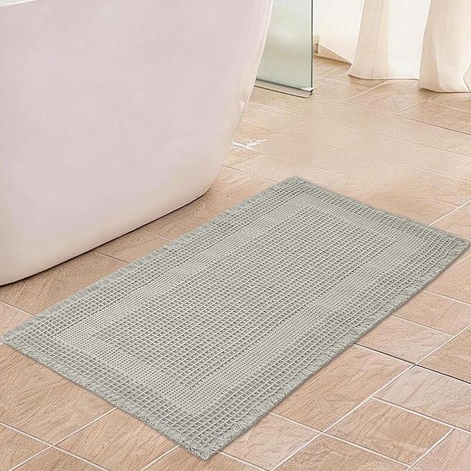Waffle Bath Mat Non Slip, Boho Runner Rug, Super Absorbent Quick Dry Long Bath Runner Bathroom, Soft Farmhouse Bath Rug with Tassels, Washable Shower Mats for Floor 24"x48", Square Light Grey