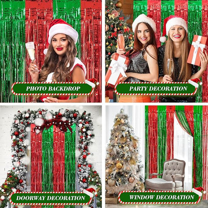 3 Pack Christmas Party Decorations, Red and Green Tinsel Foil Fringe Curtains,Ugly Sweater theme Photo Booth Prop Streamer Backdrop decor Indoor outdoor Party Supplies for Happy New Year party