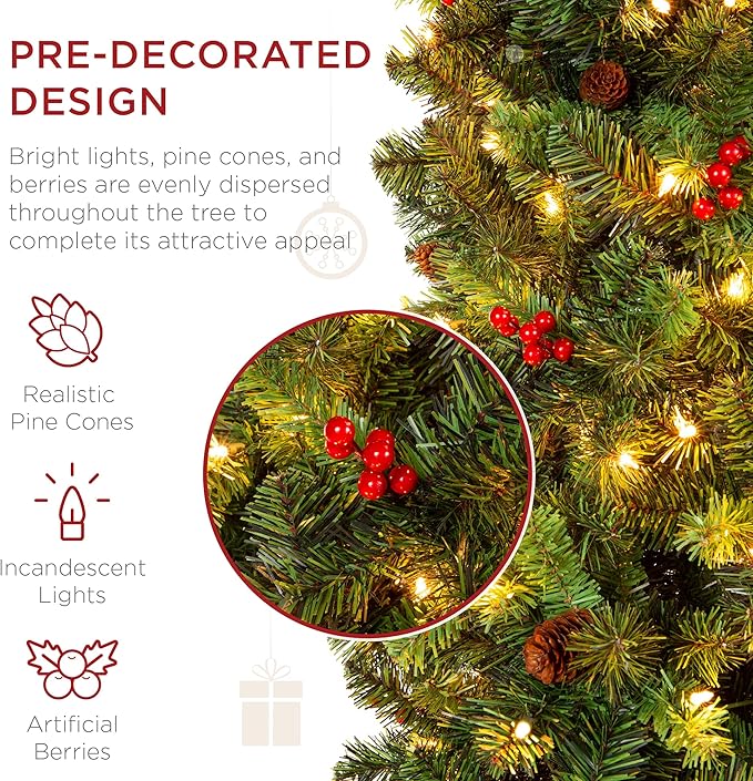 Best Choice Products 12ft Pre-Lit Spruce Pencil Christmas Tree Pre-Decorated for Home, Office, Party, Holiday Decoration w/ 1,818 Tips, 700 Lights, Pine Cones, Metal Hinges & Base - Green