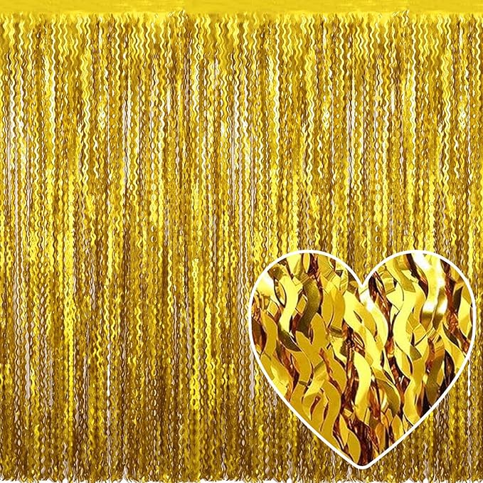 4 Pack Gold Fringe Curtain Backdrop 3.2Ft x 8.2Ft Metallic Tinsel Foil Fringe Streamers Background for Photo Booth Mother's Day, Easter, Carnival, Birthday, Wedding Party Decoration