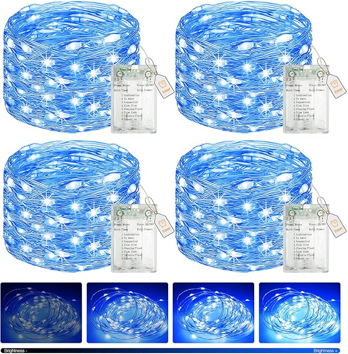 btfarm 4 Pack Fairy Lights Battery Operated with Timer, 16.4 FT 50 LED Silver Wire Twinkle String Lights 8 Modes Dimmable Waterproof for Indoor Christmas Bedroom Wedding Decorations, Blue
