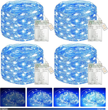 btfarm 4 Pack Fairy Lights Battery Operated with Timer, 16.4 FT 50 LED Silver Wire Twinkle String Lights 8 Modes Dimmable Waterproof for Indoor Christmas Bedroom Wedding Decorations, Blue
