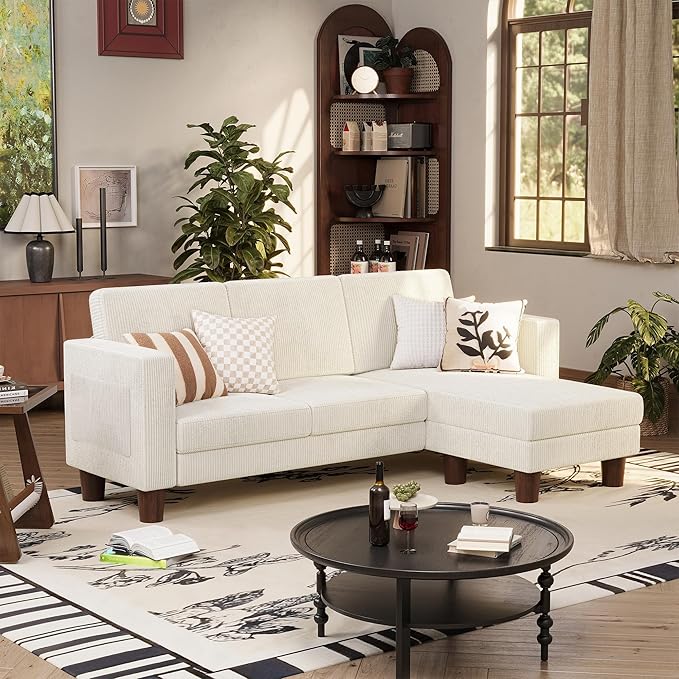 VICTONE Convertible Sectional Sofa Couch, 3 Seat L-Shaped Sofa with Linen Fabric Ottoman Small Couch for Small Apartments, Living Room and Office (Corduroy, Cream)