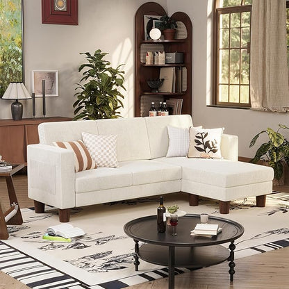 VICTONE Convertible Sectional Sofa Couch, 3 Seat L-Shaped Sofa with Linen Fabric Ottoman Small Couch for Small Apartments, Living Room and Office (Corduroy, Cream)