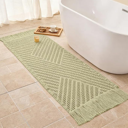 Waffle Runner Rug Non Slip, Boho Bath Mat, Super Absorbent Quick Dry Long Bath Runner Bathroom, Soft Farmhouse Bath Rug with Tassels, Washable Shower Mats for Floor 24"x72", Tassels Sage Green