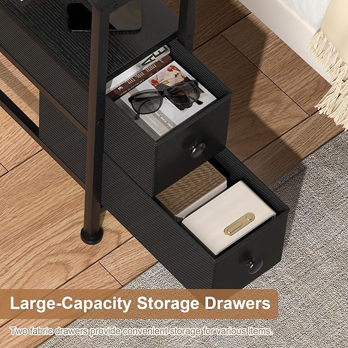 Small Narrow Side Table with Drawers, Skinny End Table for Small Spaces, Slim Nightstand with Storage, Sofa Bedside Table in Living Room, Bedroom, Study, Kitchen and Balcony (Black)